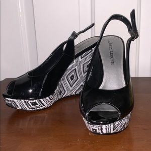 Black and White Open Toe Wedges